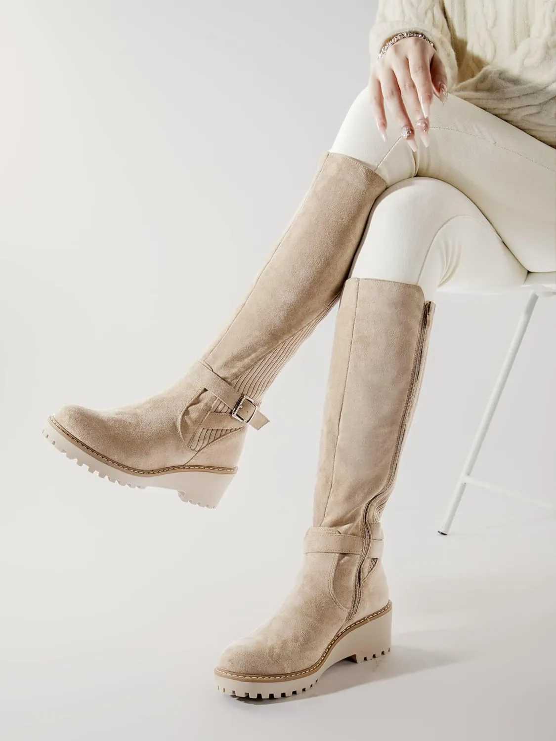 Women's Knee High Boots Tall Fall Wedges Round Toe Comfortable Size Zip with Fashion Buckles Platform Shoes for Women