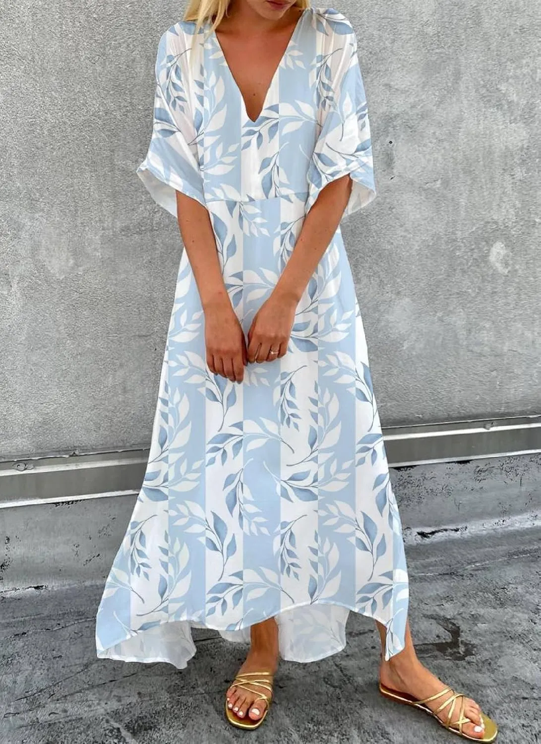 Women's Leaf Print V-Neck Short Sleeve Maxi Dress 2025 Summer Casual Loose Blue Flowy A-Line Long Dresses