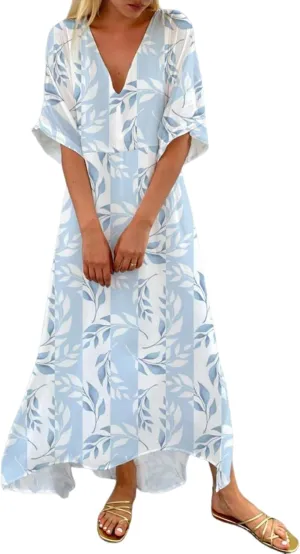 Women's Leaf Print V-Neck Short Sleeve Maxi Dress 2025 Summer Casual Loose Blue Flowy A-Line Long Dresses