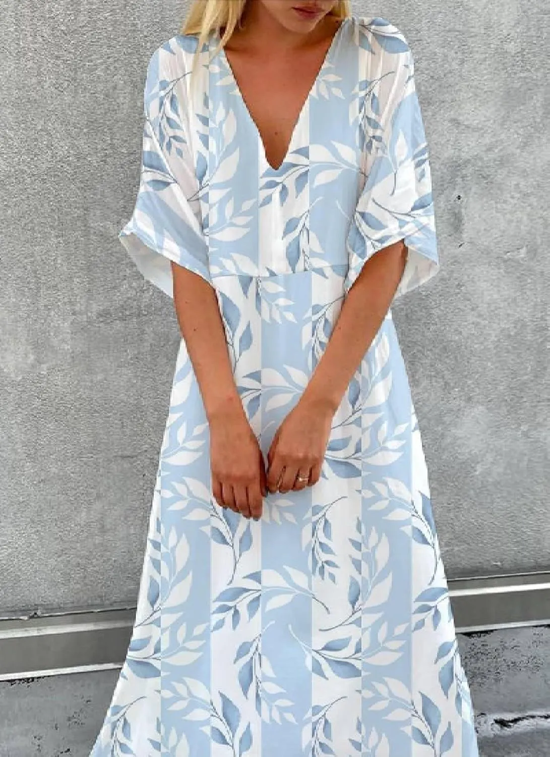Women's Leaf Print V-Neck Short Sleeve Maxi Dress 2025 Summer Casual Loose Blue Flowy A-Line Long Dresses