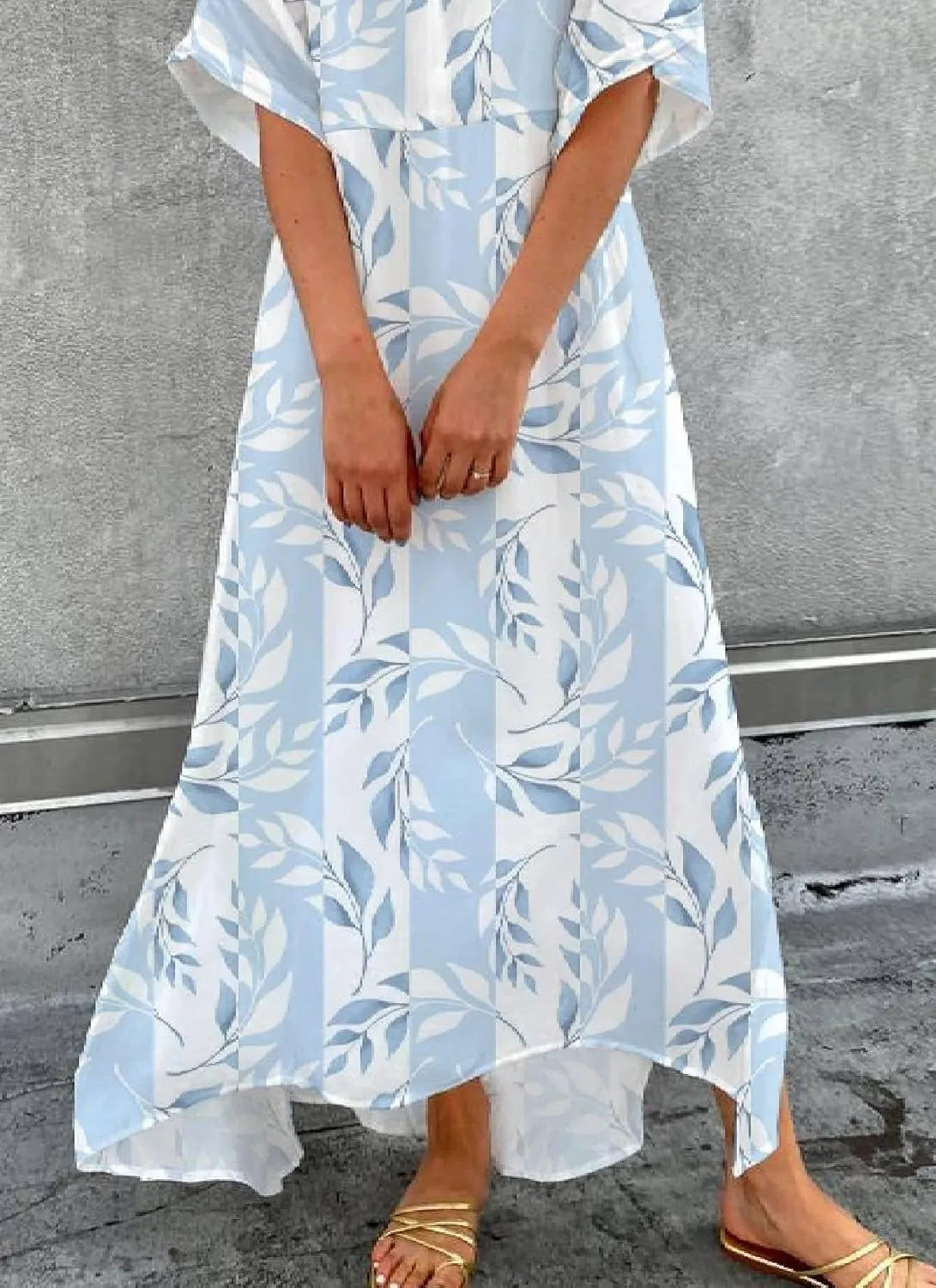 Women's Leaf Print V-Neck Short Sleeve Maxi Dress 2025 Summer Casual Loose Blue Flowy A-Line Long Dresses