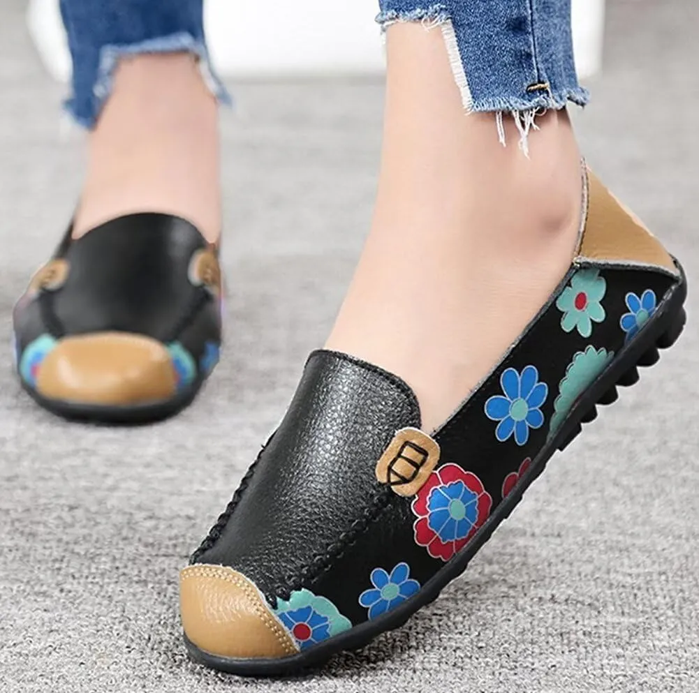 Women's Leather Floral Loafers Flats Shoes Slip-Ons