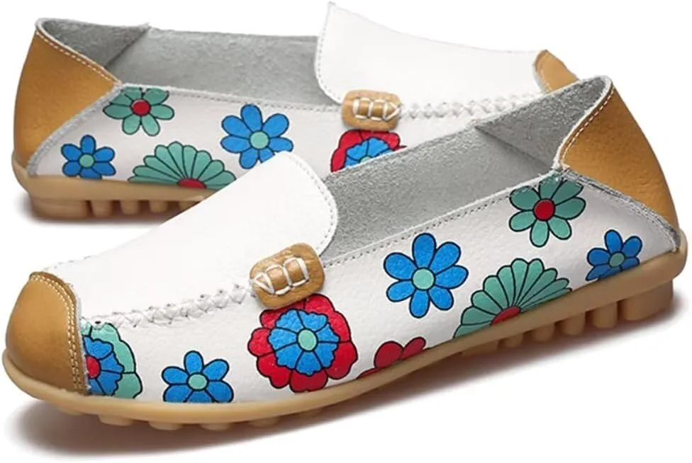 Women's Leather Floral Loafers Flats Shoes Slip-Ons