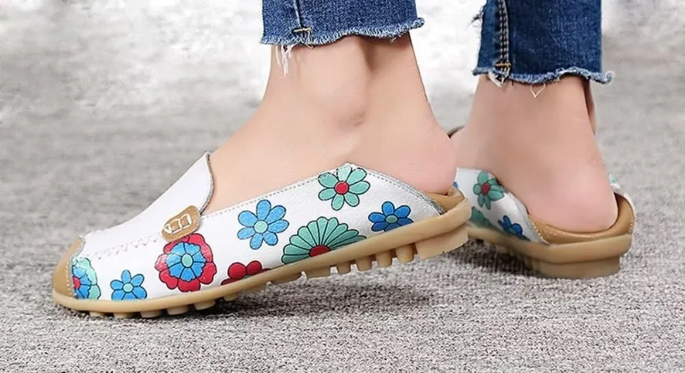 Women's Leather Floral Loafers Flats Shoes Slip-Ons
