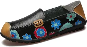 Women's Leather Floral Loafers Flats Shoes Slip-Ons