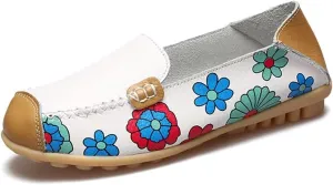 Women's Leather Floral Loafers Flats Shoes Slip-Ons