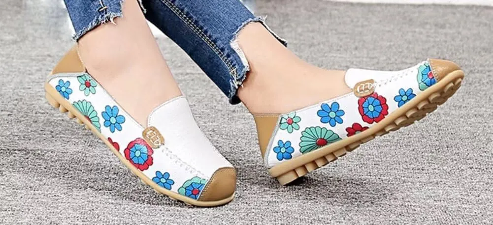 Women's Leather Floral Loafers Flats Shoes Slip-Ons