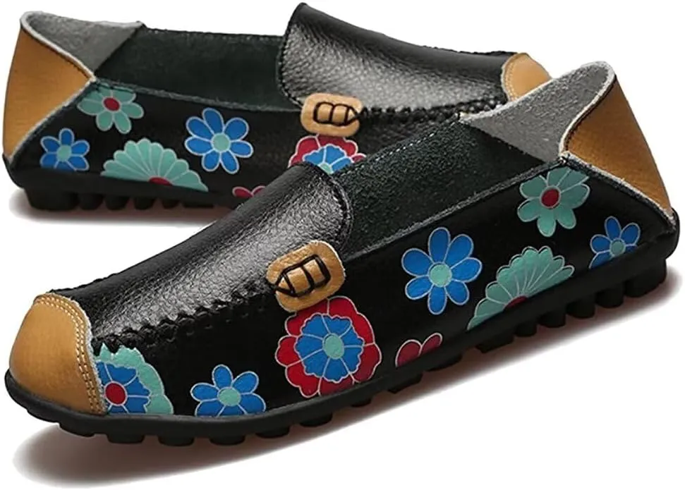 Women's Leather Floral Loafers Flats Shoes Slip-Ons