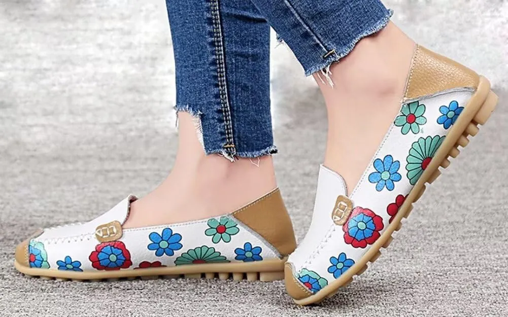 Women's Leather Floral Loafers Flats Shoes Slip-Ons
