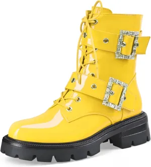 Women's Leather Platform Lug Sole Low Chunky Heel Combat Boots Lace Up Buckles Zipper Fashion Ankle Booties
