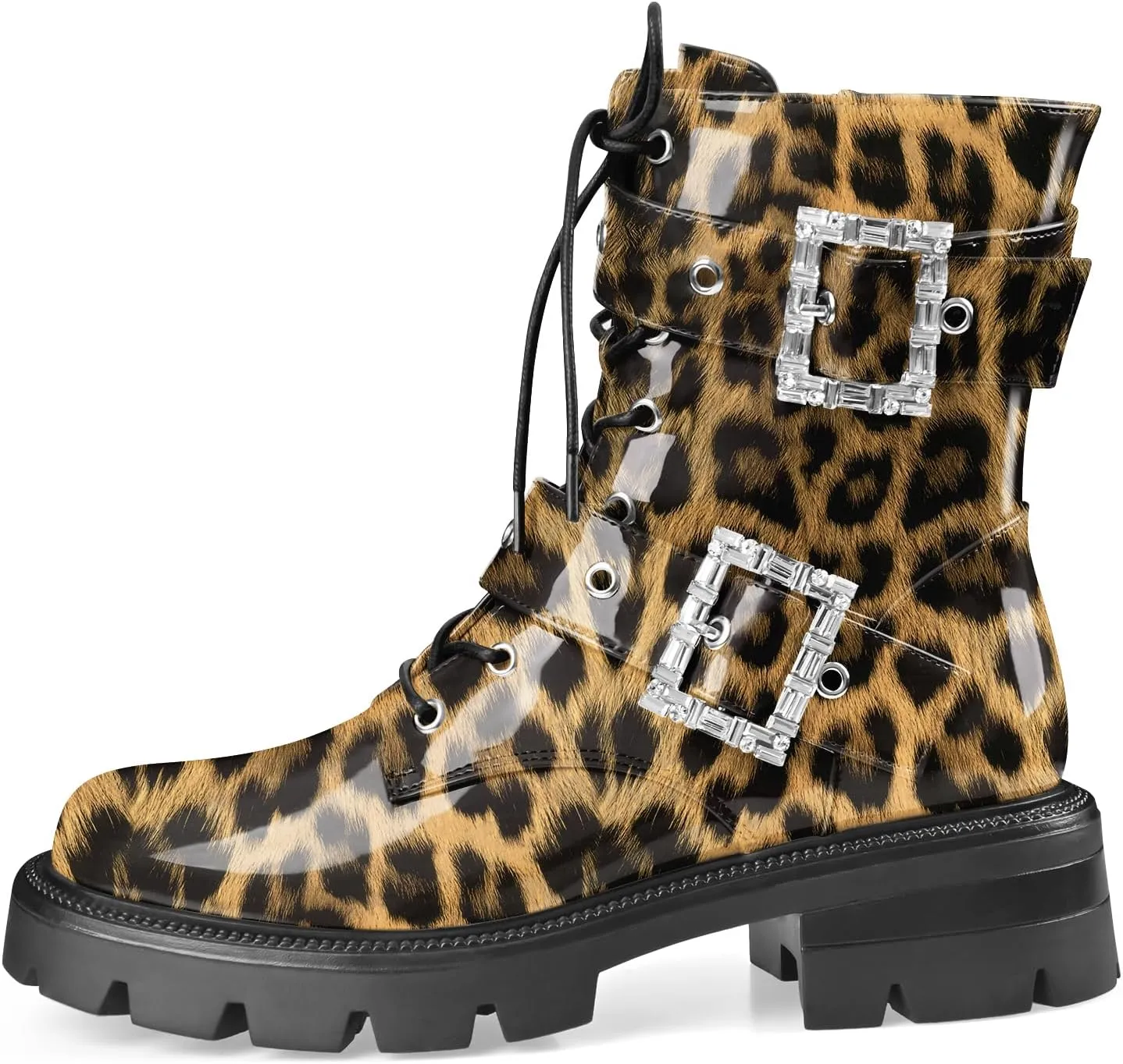 Women's Leather Platform Lug Sole Low Chunky Heel Combat Boots Lace Up Buckles Zipper Fashion Ankle Booties