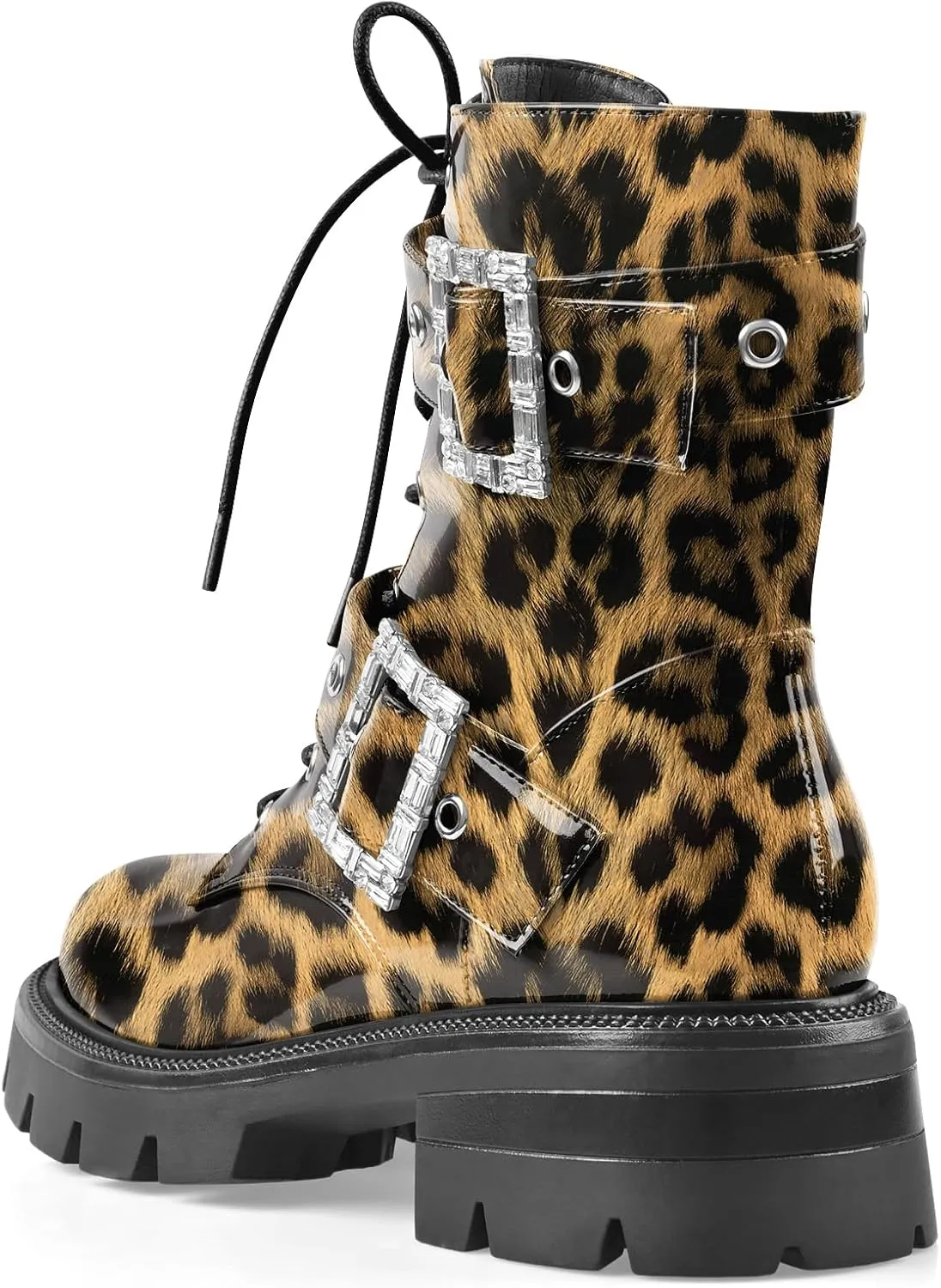 Women's Leather Platform Lug Sole Low Chunky Heel Combat Boots Lace Up Buckles Zipper Fashion Ankle Booties