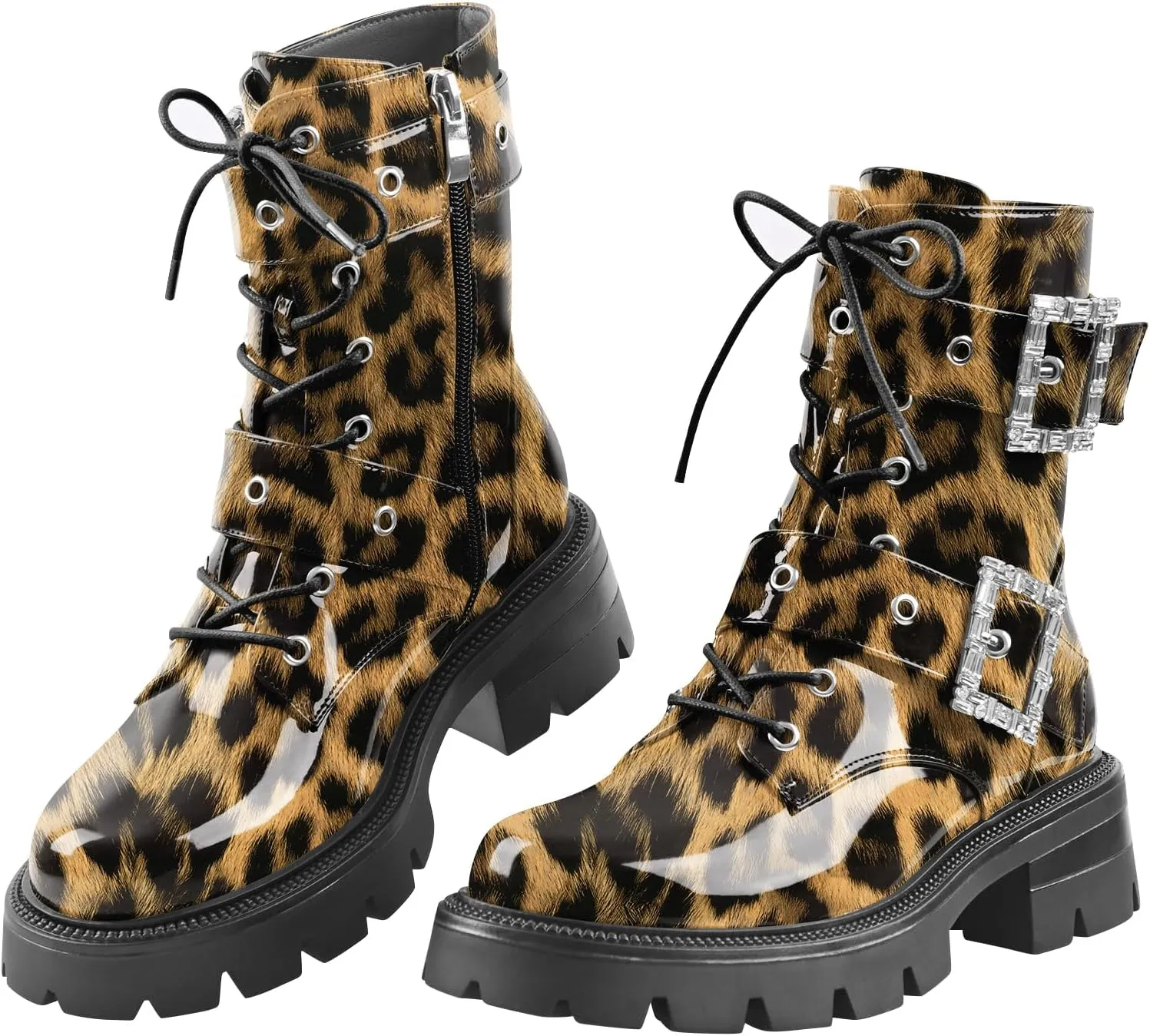 Women's Leather Platform Lug Sole Low Chunky Heel Combat Boots Lace Up Buckles Zipper Fashion Ankle Booties