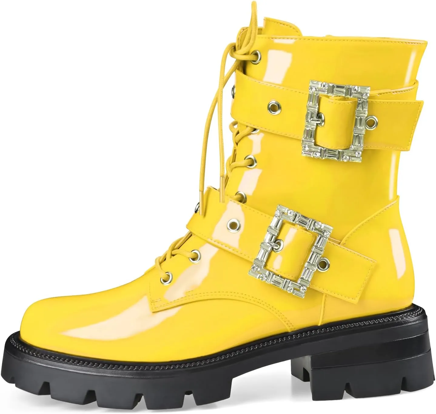 Women's Leather Platform Lug Sole Low Chunky Heel Combat Boots Lace Up Buckles Zipper Fashion Ankle Booties
