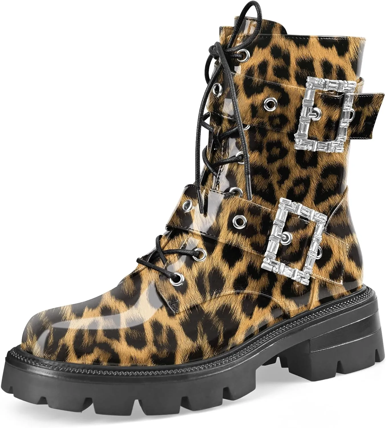 Women's Leather Platform Lug Sole Low Chunky Heel Combat Boots Lace Up Buckles Zipper Fashion Ankle Booties