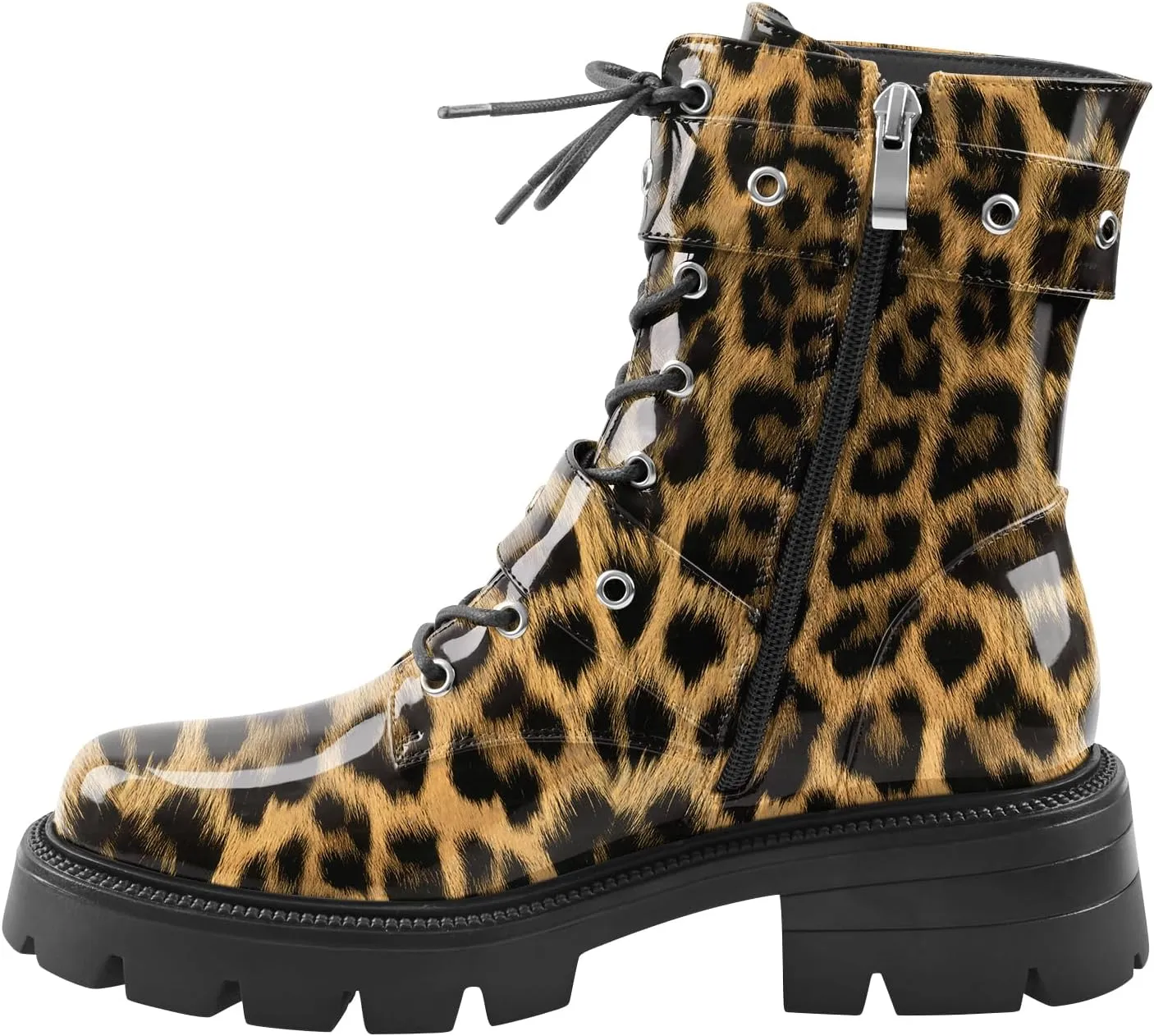 Women's Leather Platform Lug Sole Low Chunky Heel Combat Boots Lace Up Buckles Zipper Fashion Ankle Booties