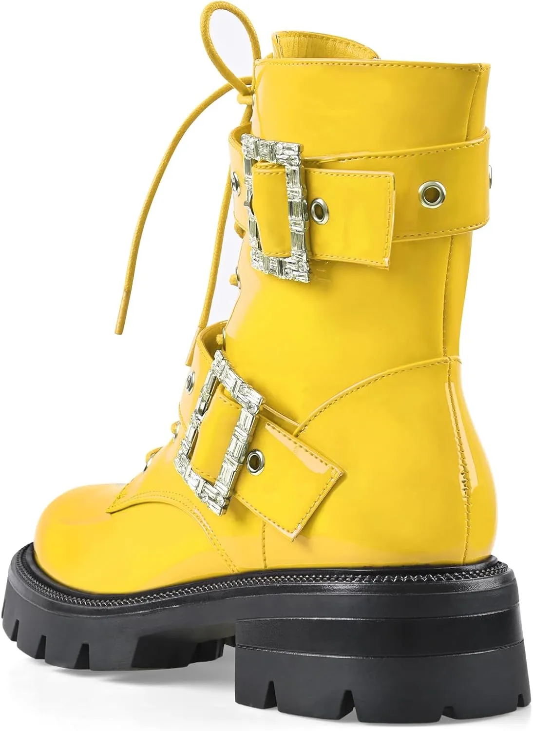 Women's Leather Platform Lug Sole Low Chunky Heel Combat Boots Lace Up Buckles Zipper Fashion Ankle Booties