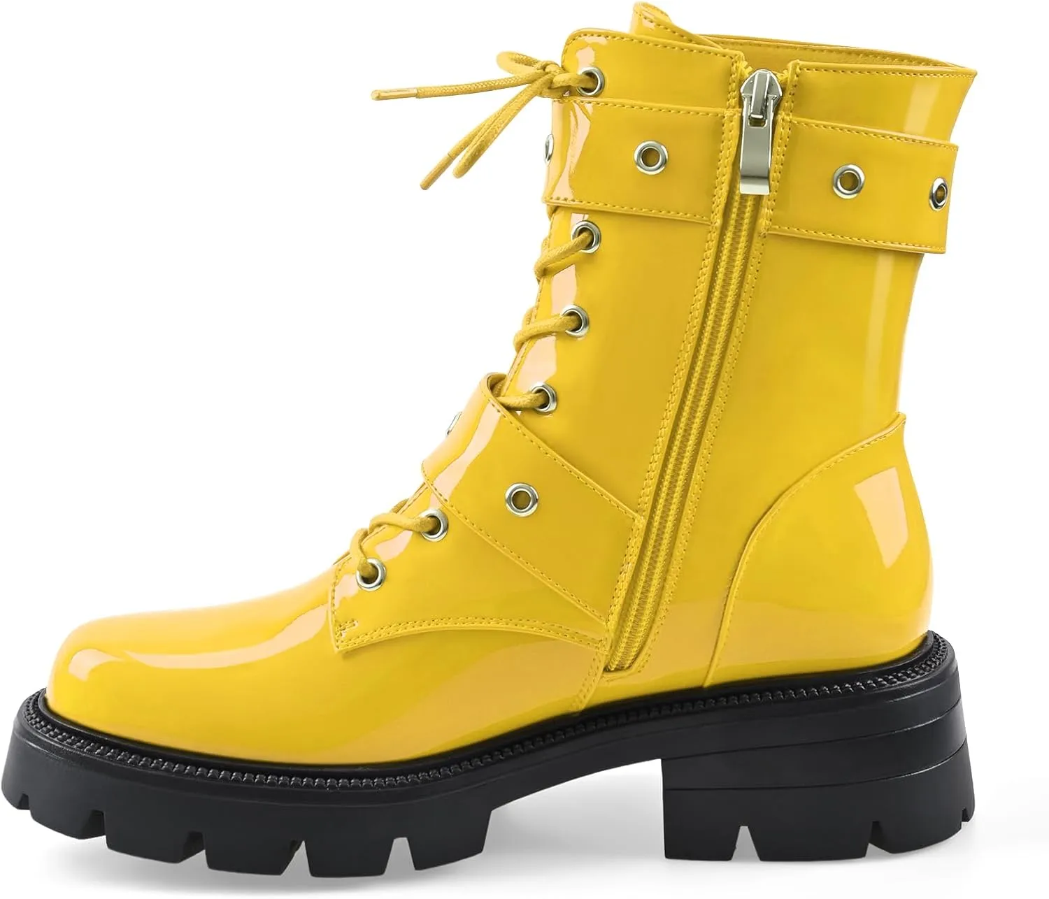 Women's Leather Platform Lug Sole Low Chunky Heel Combat Boots Lace Up Buckles Zipper Fashion Ankle Booties