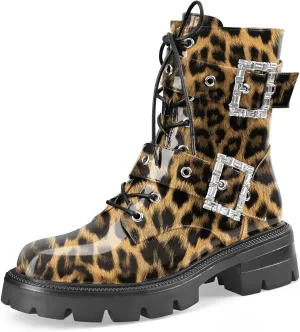 Women's Leather Platform Lug Sole Low Chunky Heel Combat Boots Lace Up Buckles Zipper Fashion Ankle Booties