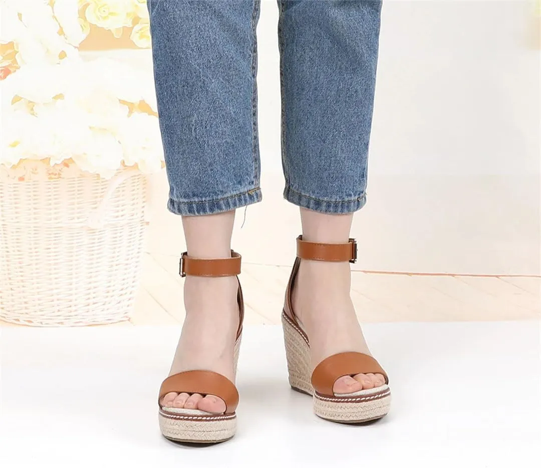Women's Leather Platform Wedge Sandals High Heels Open Toe Casual Gladiator Casual Wedge Shoes