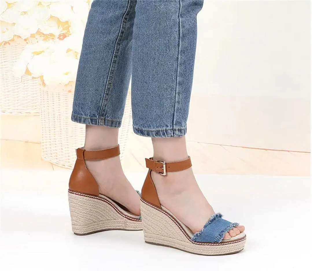Women's Leather Platform Wedge Sandals High Heels Open Toe Casual Gladiator Casual Wedge Shoes