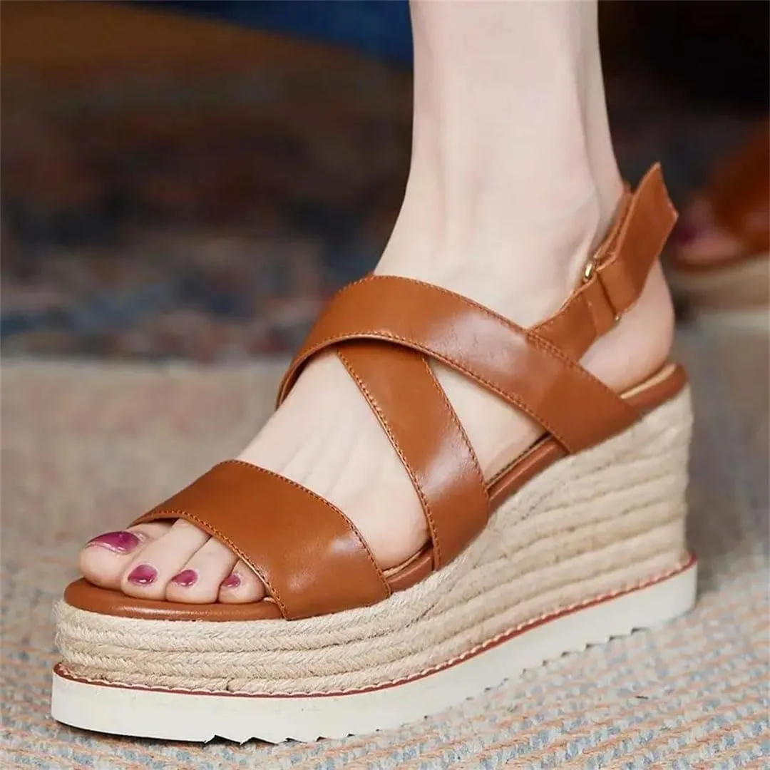 Women's Leather Rope Sole Wedge Sandals High Heels Open Toe Gladiator Casual Wedge Shoes