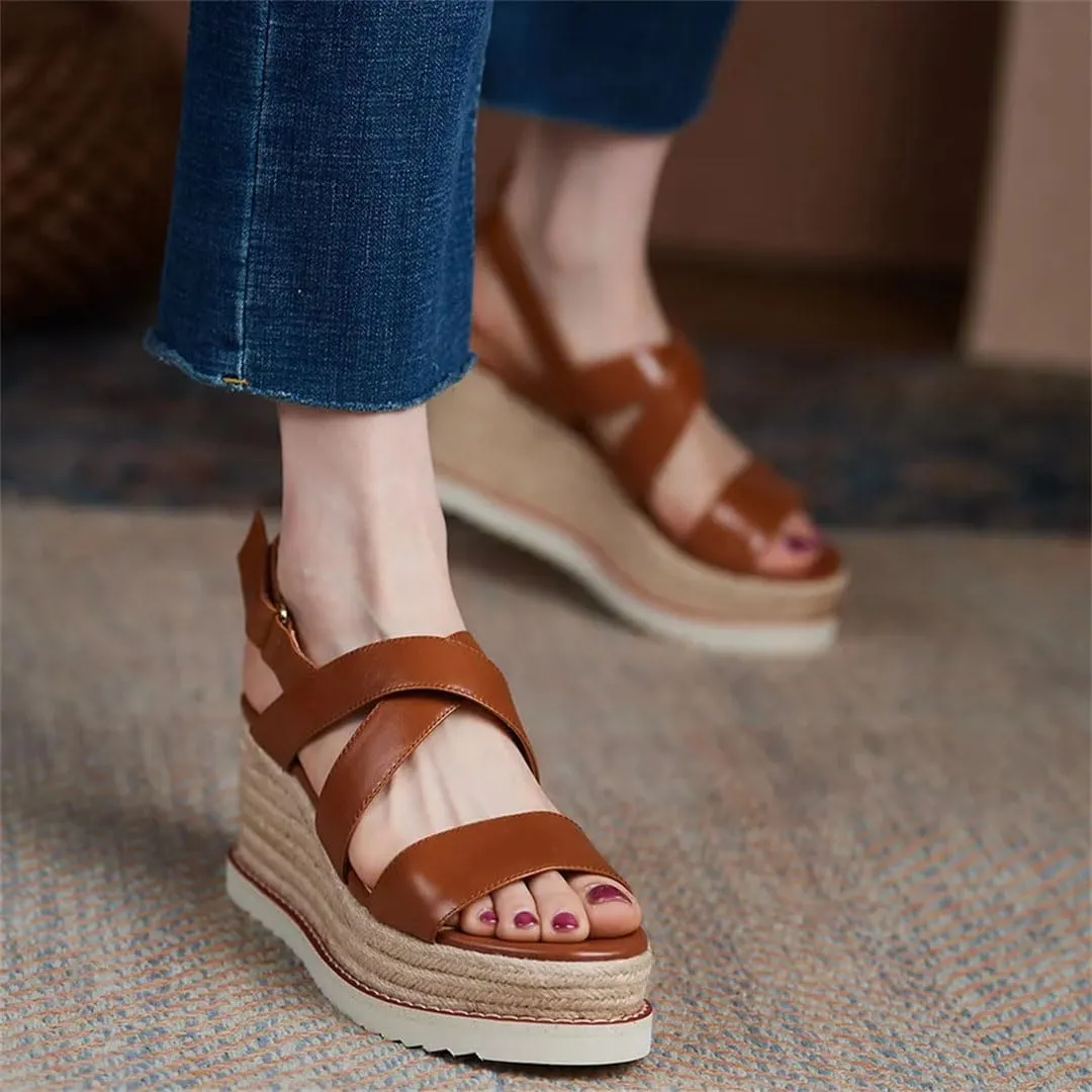 Women's Leather Rope Sole Wedge Sandals High Heels Open Toe Gladiator Casual Wedge Shoes