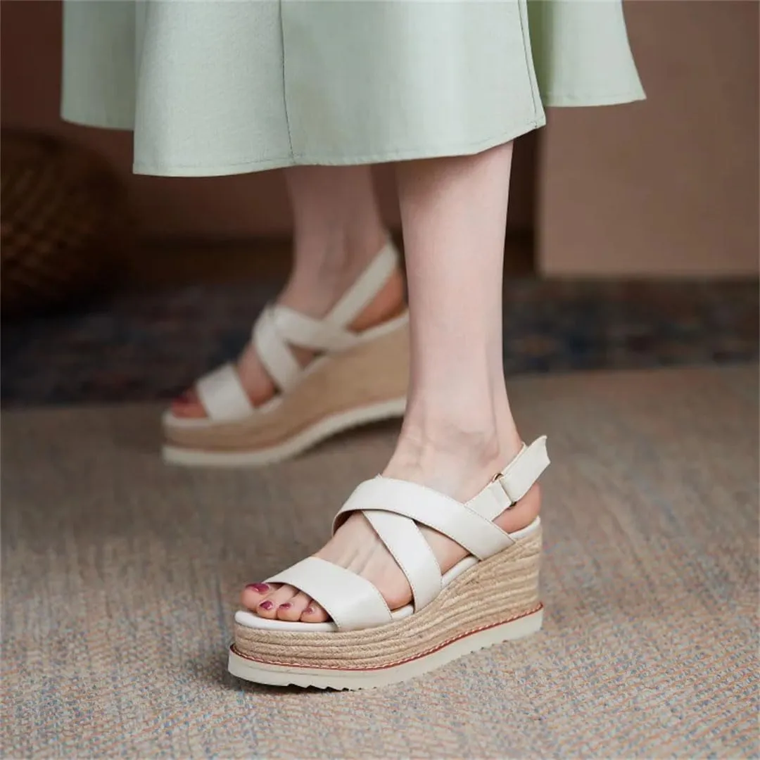 Women's Leather Rope Sole Wedge Sandals High Heels Open Toe Gladiator Casual Wedge Shoes