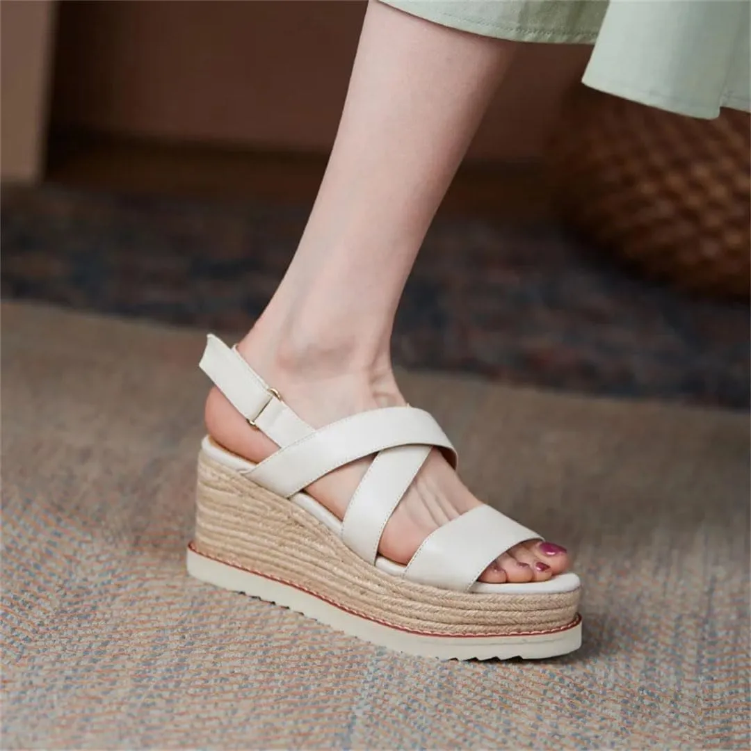 Women's Leather Rope Sole Wedge Sandals High Heels Open Toe Gladiator Casual Wedge Shoes