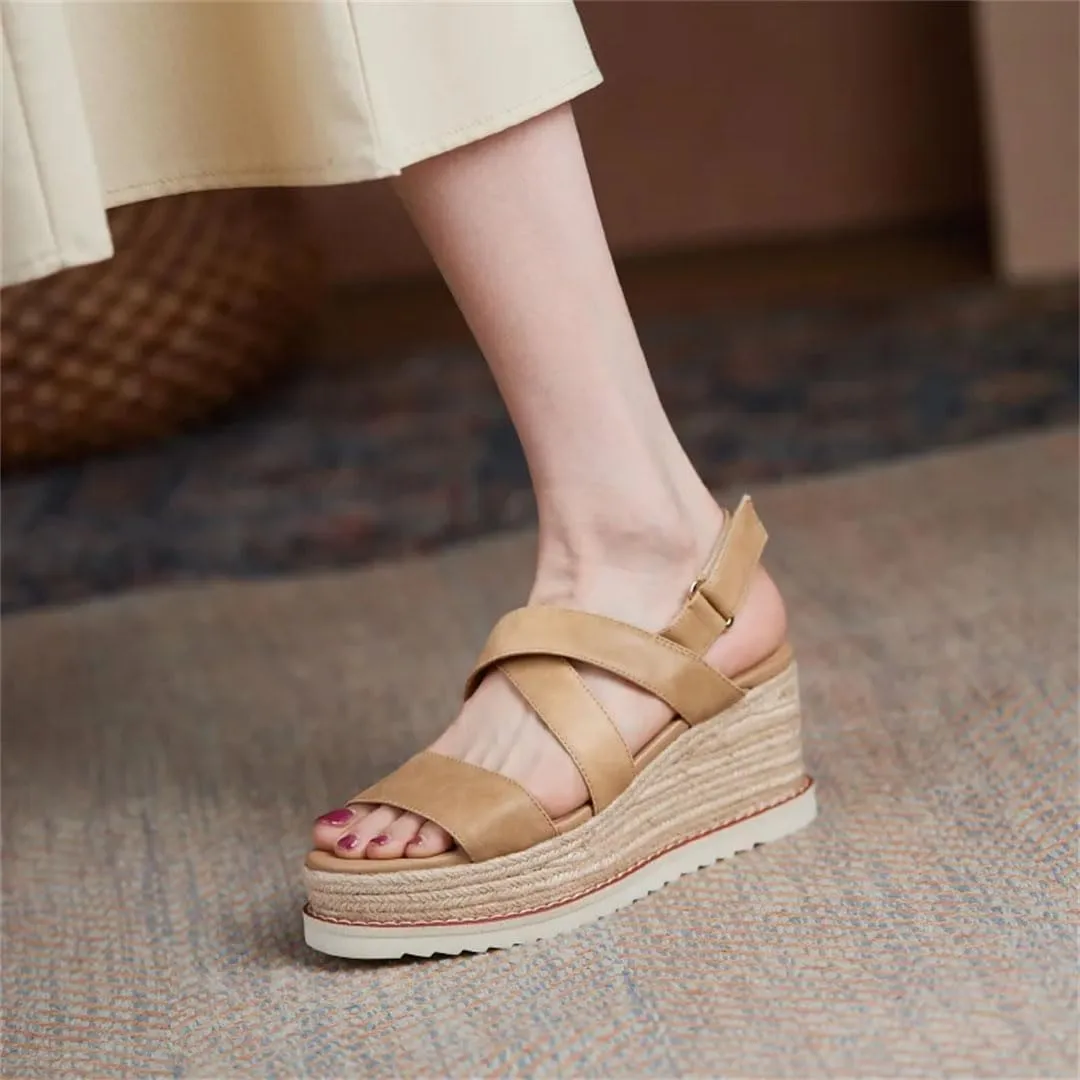 Women's Leather Rope Sole Wedge Sandals High Heels Open Toe Gladiator Casual Wedge Shoes