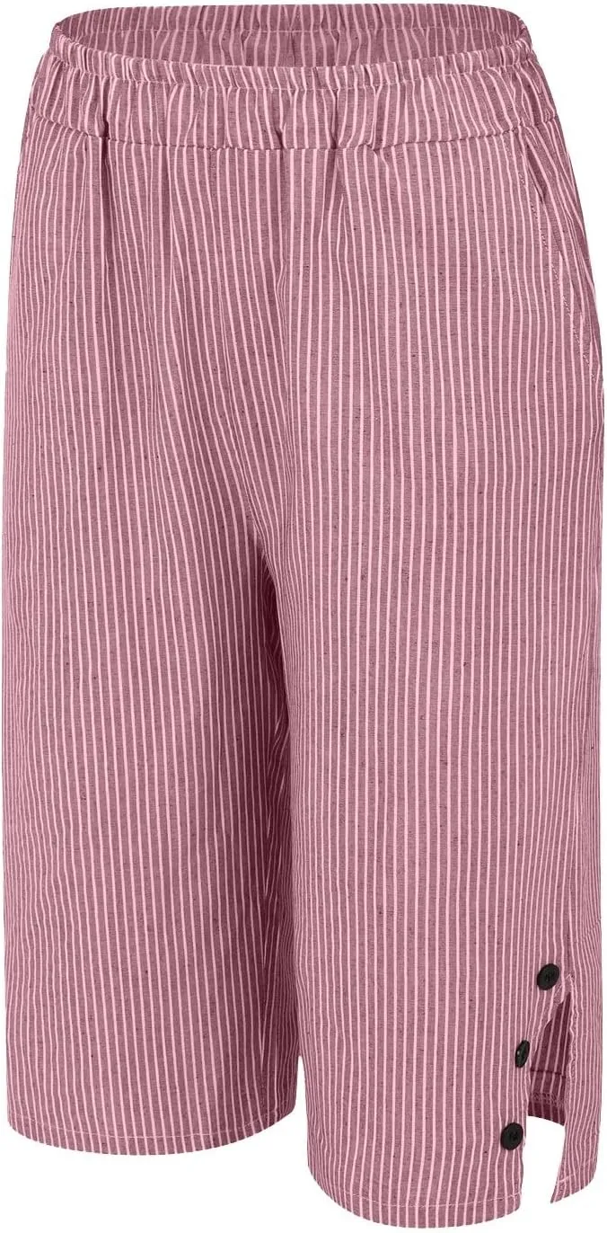 Women's Linen Bermuda Shorts Elastic Waist Beach Pants for Women Knee Length Summer Casual Linen Capri Shorts 2025