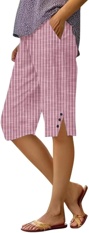 Women's Linen Bermuda Shorts Elastic Waist Beach Pants for Women Knee Length Summer Casual Linen Capri Shorts 2025