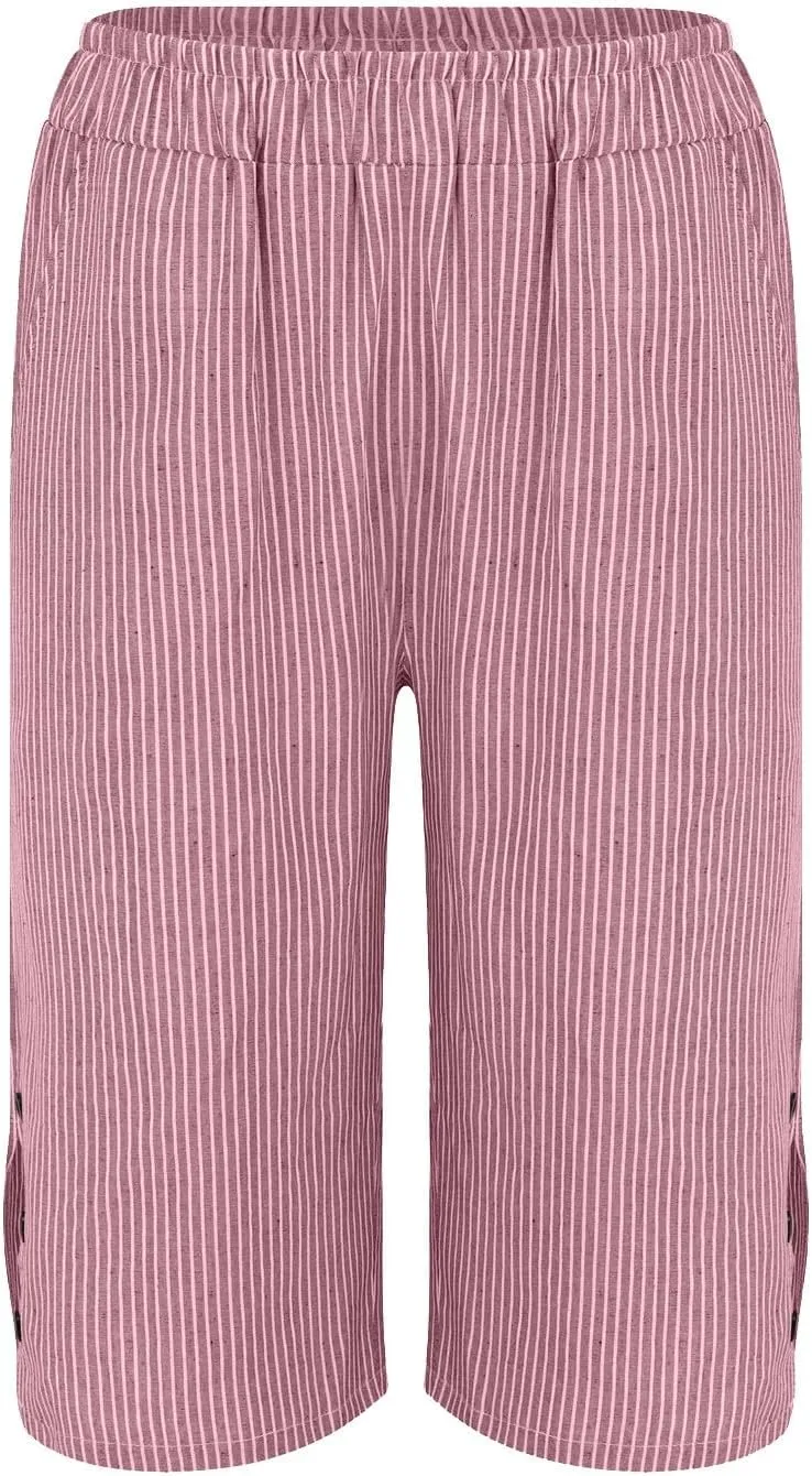 Women's Linen Bermuda Shorts Elastic Waist Beach Pants for Women Knee Length Summer Casual Linen Capri Shorts 2025