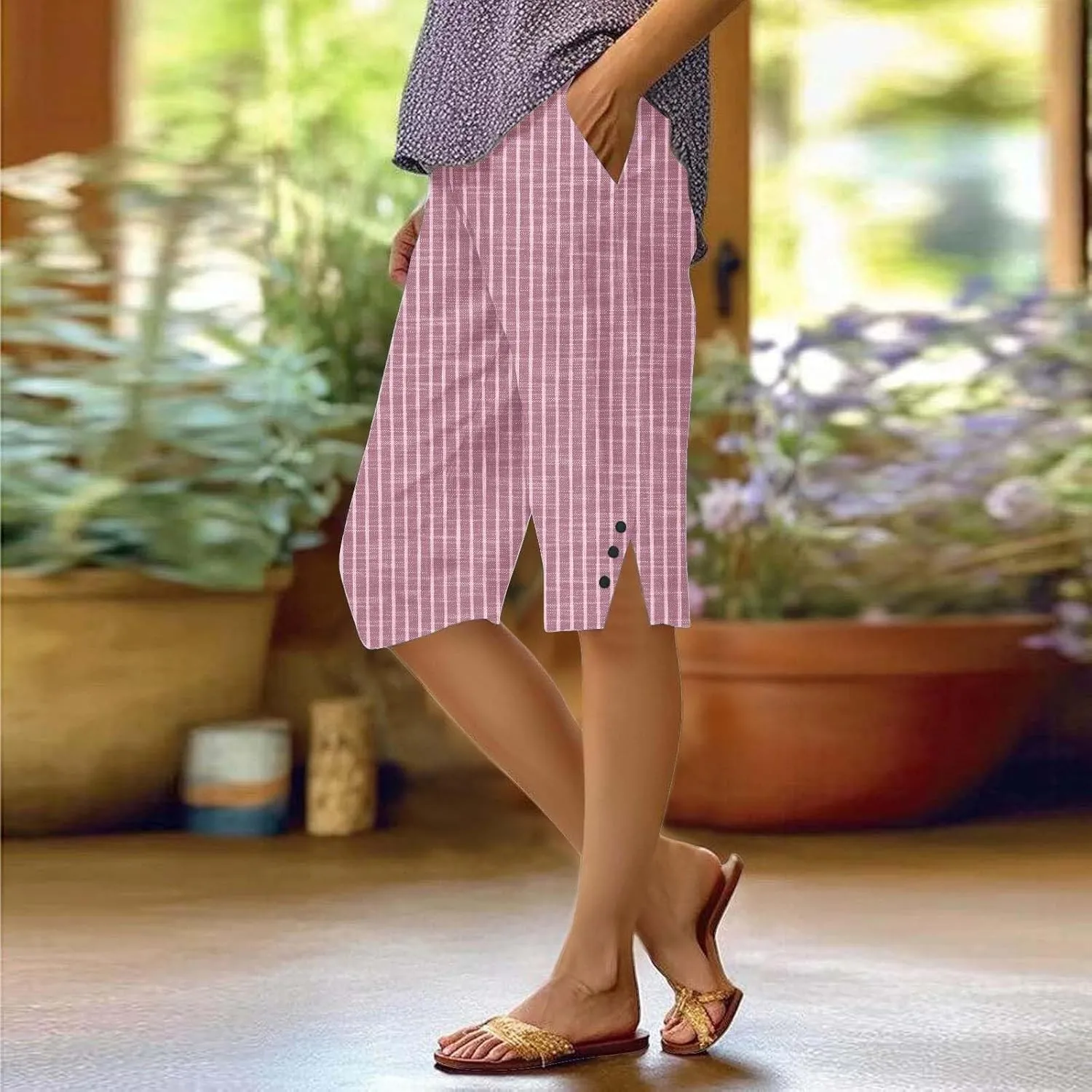 Women's Linen Bermuda Shorts Elastic Waist Beach Pants for Women Knee Length Summer Casual Linen Capri Shorts 2025