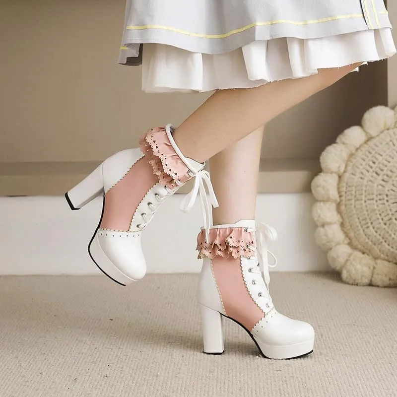 Womens Lolita Platform Lace Up Chunky High Heel Boots Zip Up