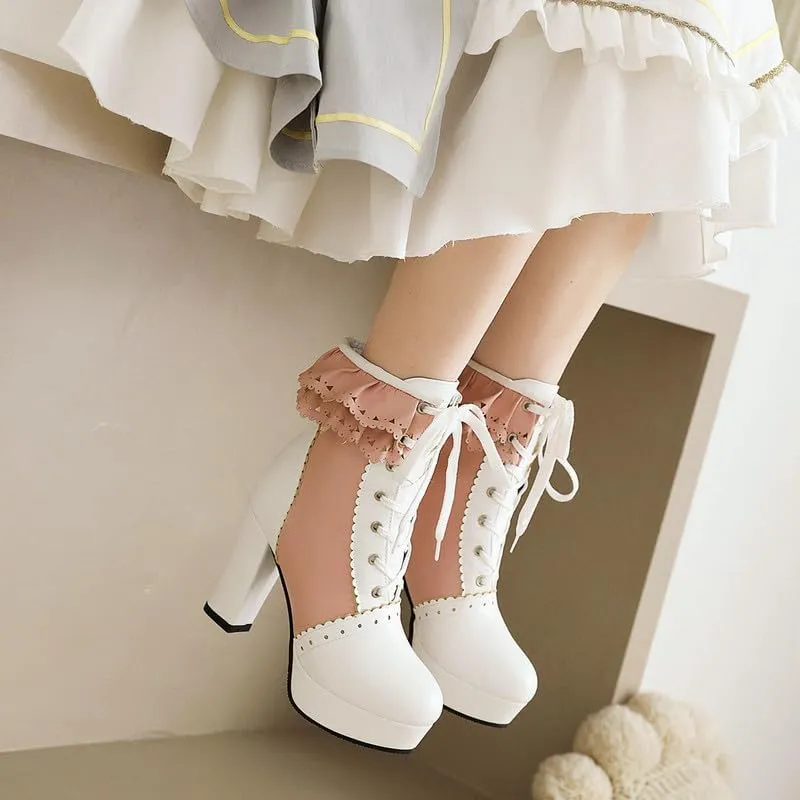 Womens Lolita Platform Lace Up Chunky High Heel Boots Zip Up