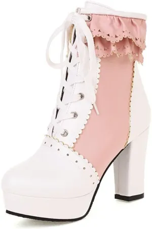 Womens Lolita Platform Lace Up Chunky High Heel Boots Zip Up
