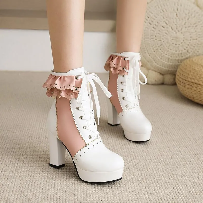 Womens Lolita Platform Lace Up Chunky High Heel Boots Zip Up