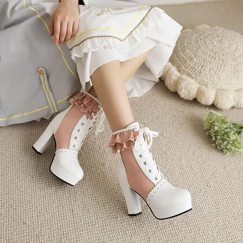 Womens Lolita Platform Lace Up Chunky High Heel Boots Zip Up