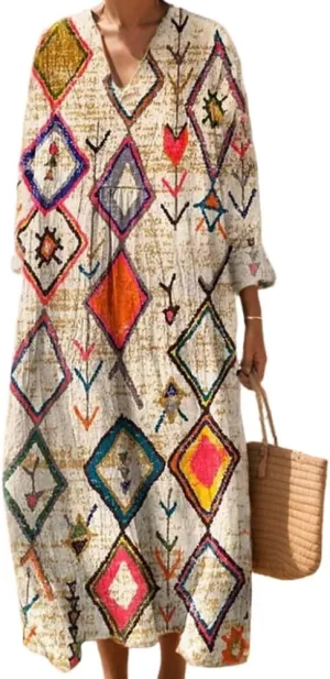 Women's Oversized Smocked Long Sleeve Boho Dress Spring Summer Casual Floral Print V Neck Maxi Dresses for Women