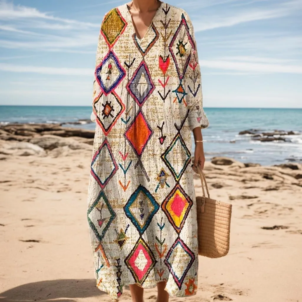 Women's Oversized Smocked Long Sleeve Boho Dress Spring Summer Casual Floral Print V Neck Maxi Dresses for Women