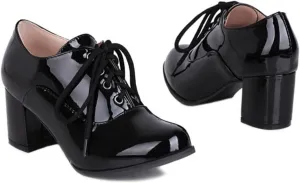 Women's Patent Leather Lace-Up Oxfords Shoes Round Toe Low Chunky Block Heels Comfortable Vintage Brogues Work Office Dress Pumps