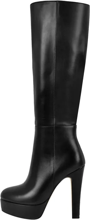 Women's Platform Knee High Boots Solid Color Side Zipper Block High Heels