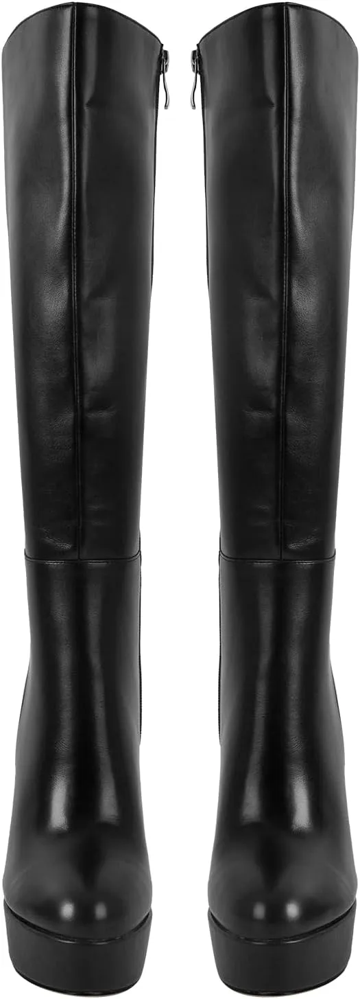 Women's Platform Knee High Boots Solid Color Side Zipper Block High Heels