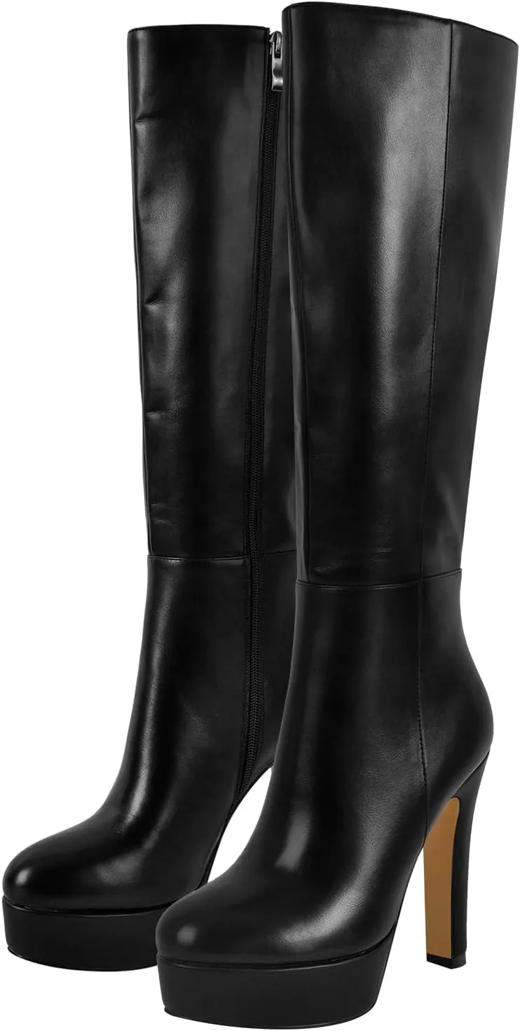 Women's Platform Knee High Boots Solid Color Side Zipper Block High Heels