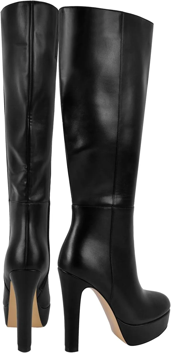 Women's Platform Knee High Boots Solid Color Side Zipper Block High Heels