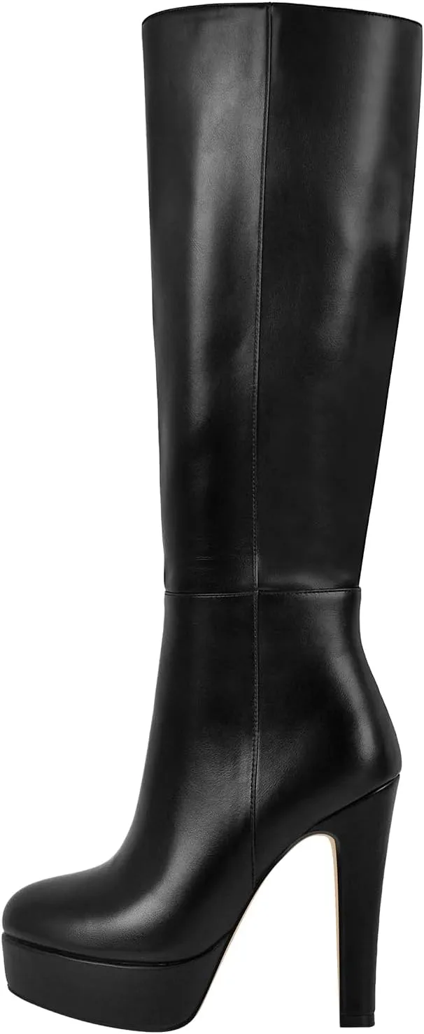 Women's Platform Knee High Boots Solid Color Side Zipper Block High Heels