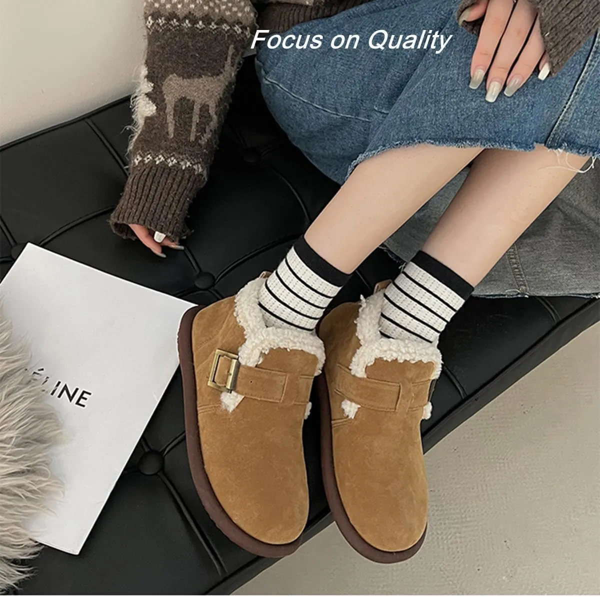 Women's Plush Round Toe Slip-On Orthopedic Shoes, Warm Fuzzy Lined Casual Soft Sole Shoes, Warm Cotton Shoes