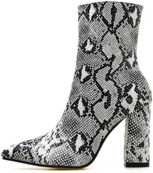 Womens Pointed Ankle Boots With Block Heels In Snake Print Bootie
