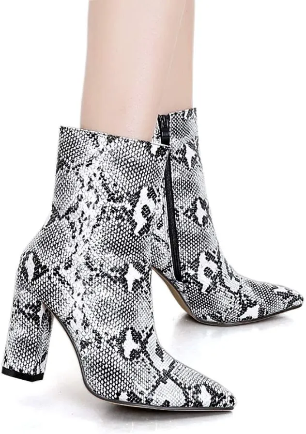 Womens Pointed Ankle Boots With Block Heels In Snake Print Bootie
